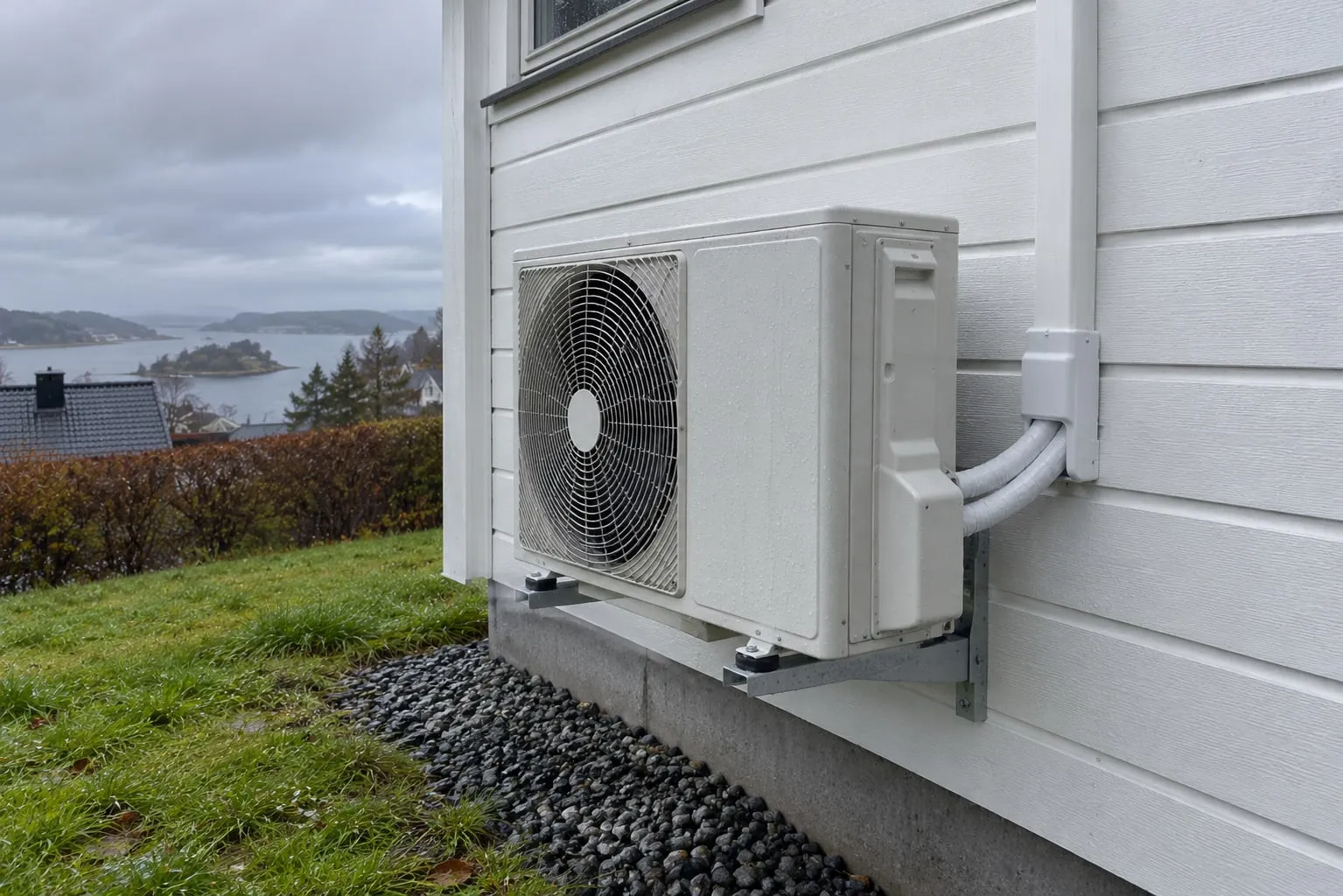 Utedel til varmepumpe på husvegg